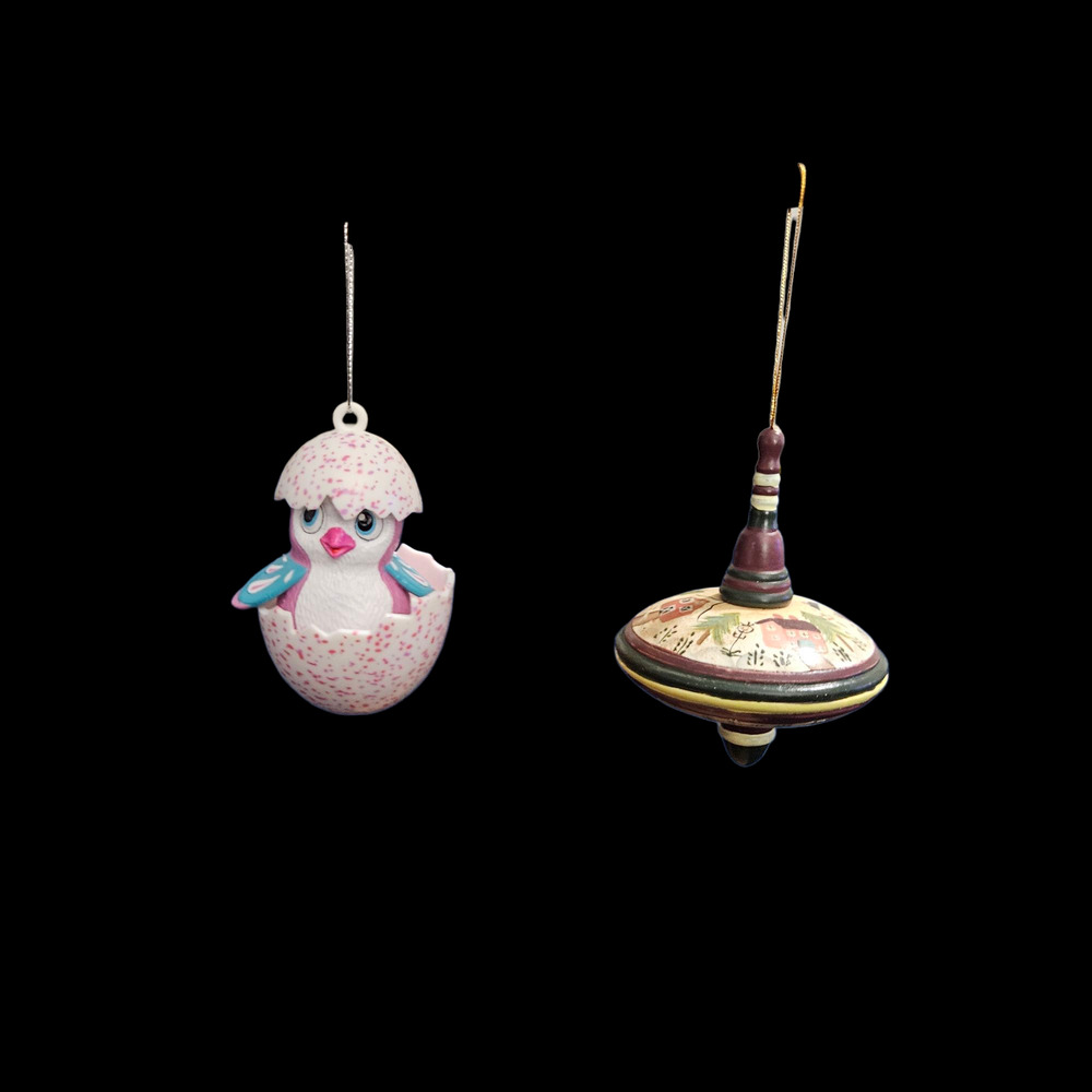 Vintage Spinning Top & Chick Egg Ornament Lot Folk Art Easter Decor